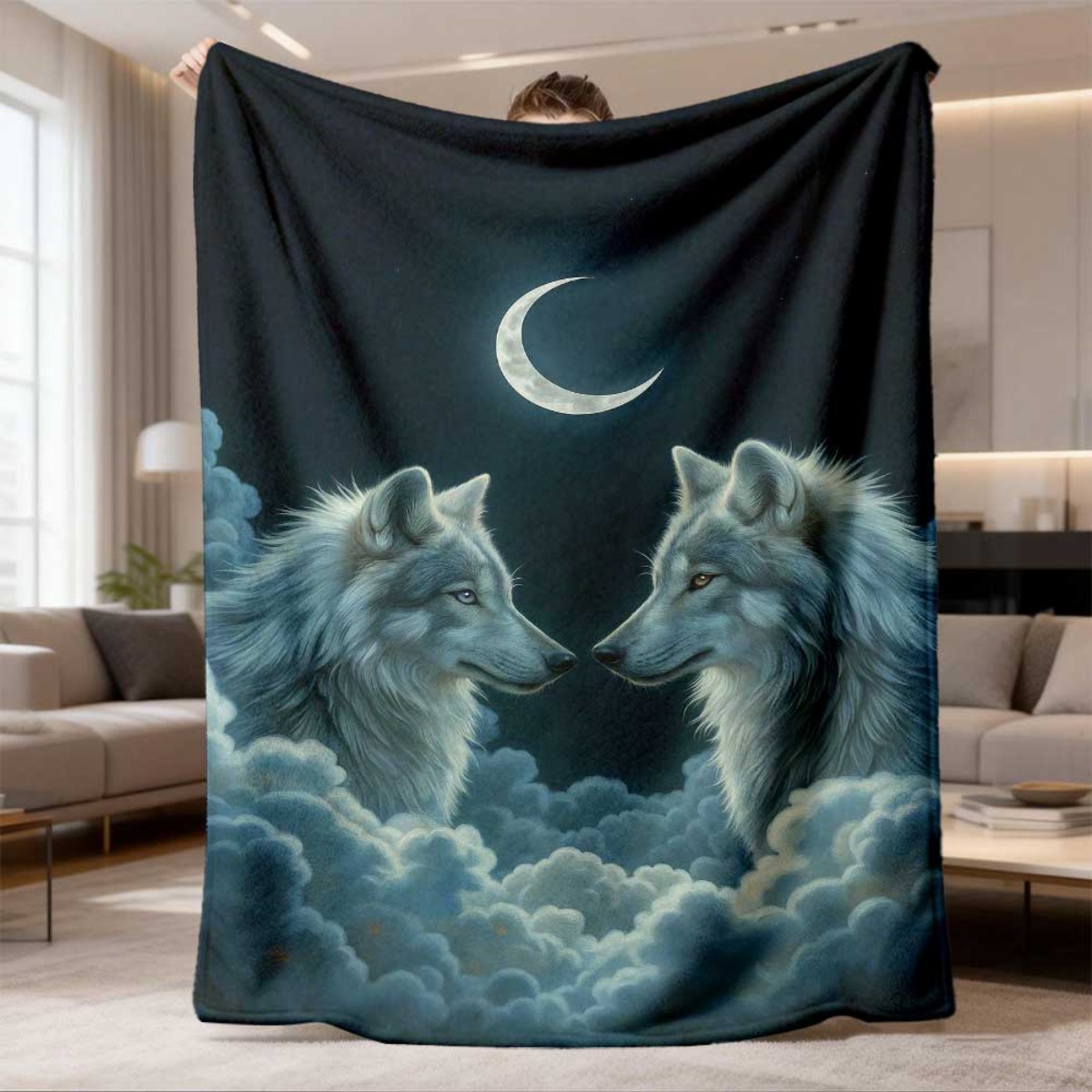 Home Textiles Face Towel - Crescent Moon Twin Wolves Flannel Throw