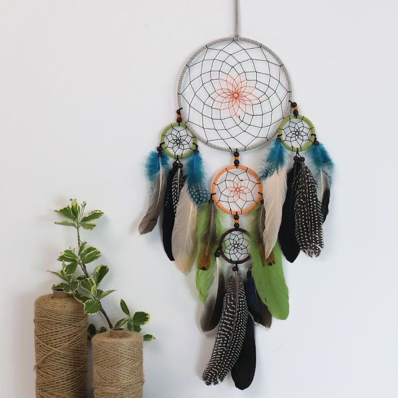 Home Textiles & Decorations - Vintage Multi-Circle Feather Dreamcatcher Wall Hanging